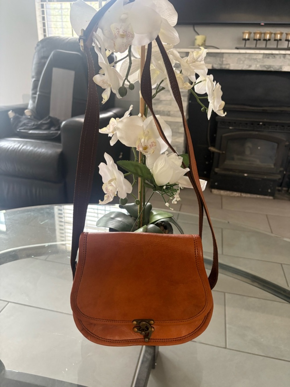Vintage Handcrafted Cognac Leather Saddle Bag Small Crossbody Purse